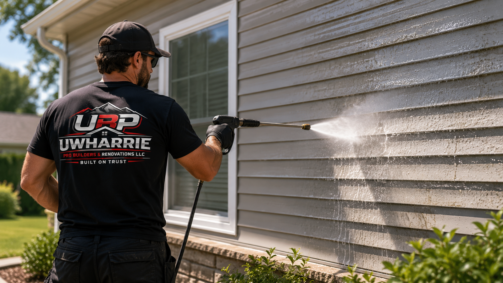 Uwharrie Pro Builders crew pressure washing a home exterior